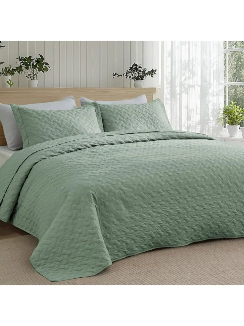 Lightweight Twin Size Quilt Set - Soft Sage Green Bedspread with Basket Weave